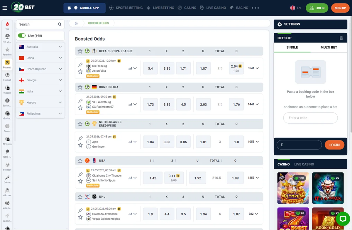 20Bet Stave V Živo